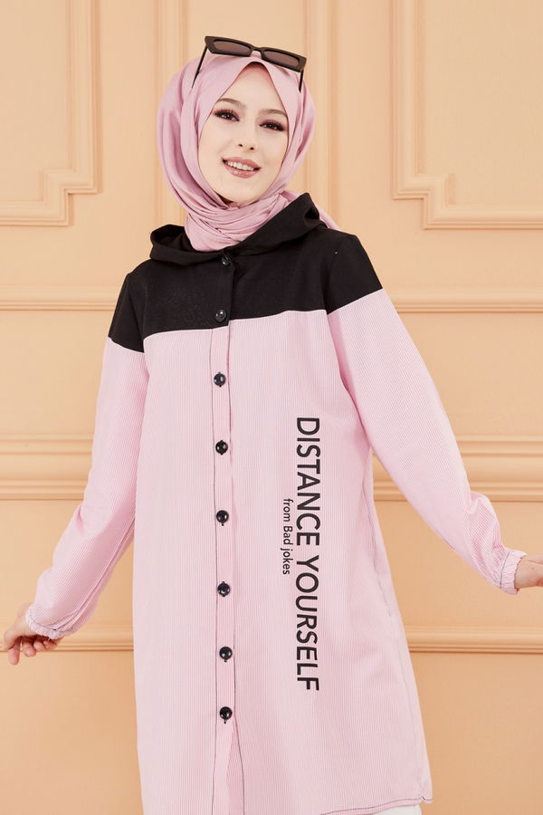 Düz Kapsonlu Yaka Kadın Pembe TUNIK - 3551