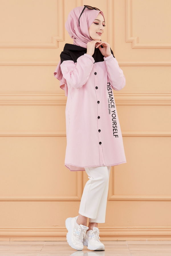 Düz Kapsonlu Yaka Kadın Pembe TUNIK - 3551