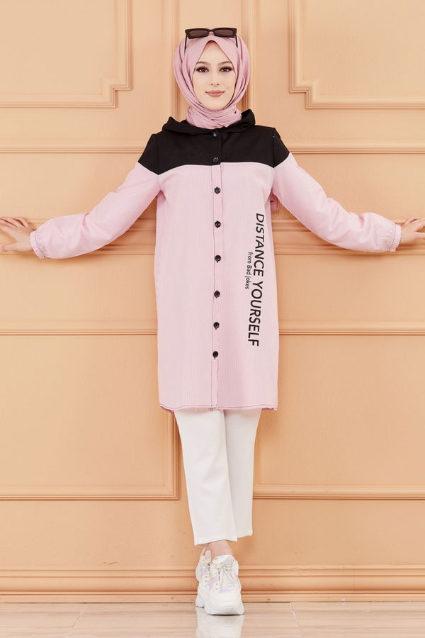 Düz Kapsonlu Yaka Kadın Pembe TUNIK - 3551