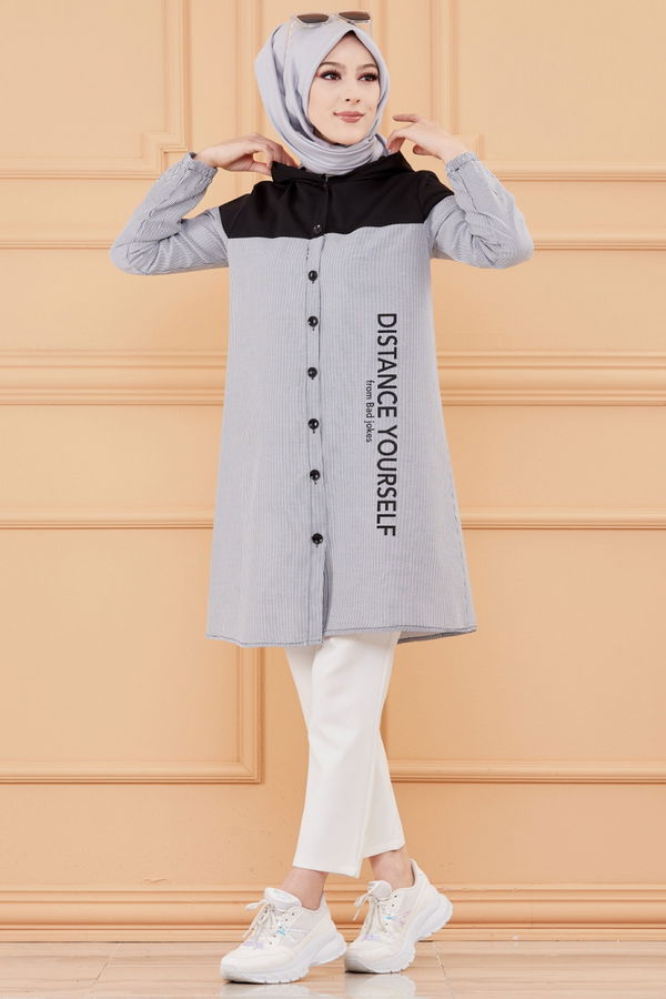 Düz Kapsonlu Yaka Kadın Lacivert TUNIK - 3551