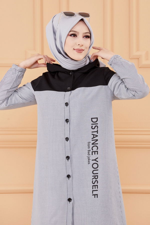 Düz Kapsonlu Yaka Kadın Lacivert TUNIK - 3551