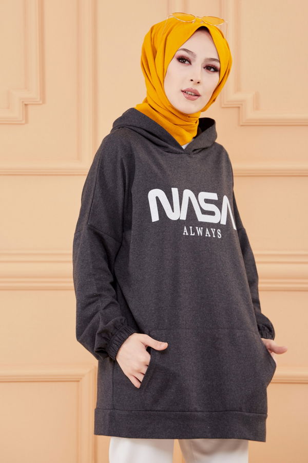 Düz Kapsonlu Yaka Kadın Antrasit KAPSONLU SWEAT - 4137