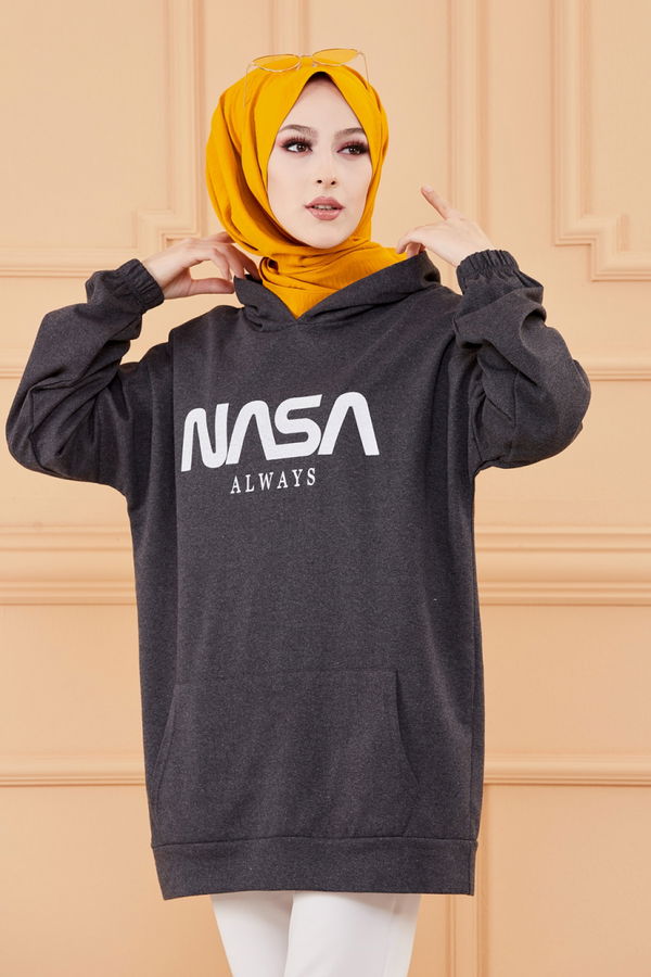Düz Kapsonlu Yaka Kadın Antrasit KAPSONLU SWEAT - 4137