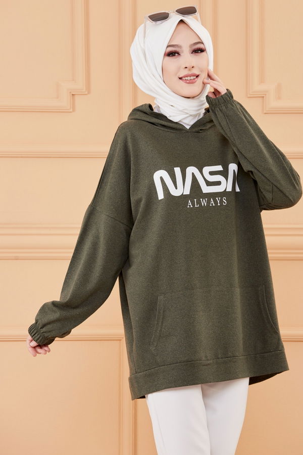 Düz Kapsonlu Yaka Kadın Haki KAPSONLU SWEAT - 4137 HAKİ