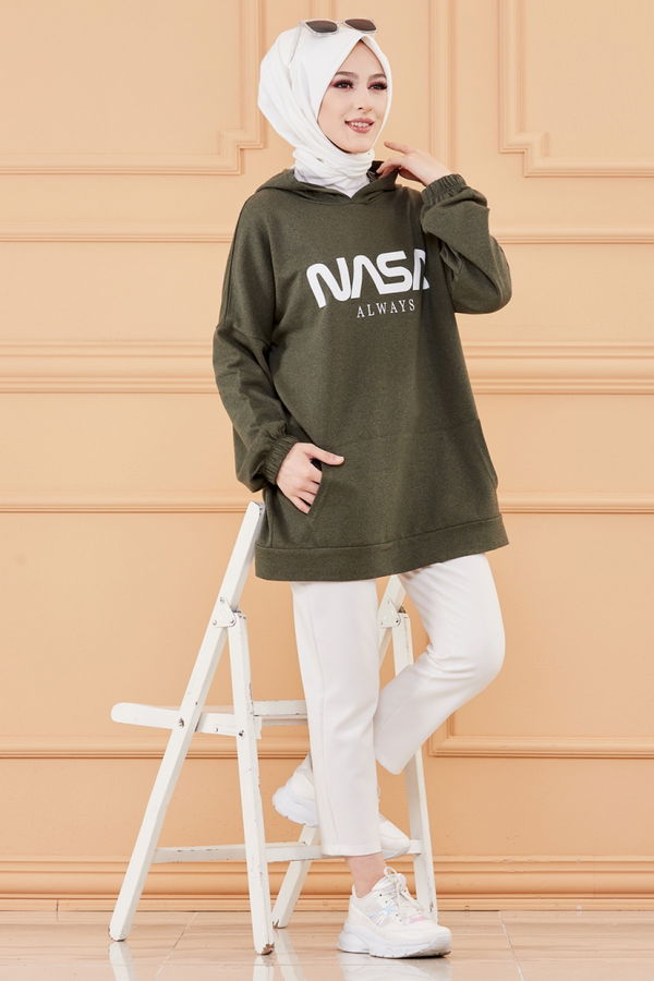 Düz Kapsonlu Yaka Kadın Haki KAPSONLU SWEAT - 4137 HAKİ