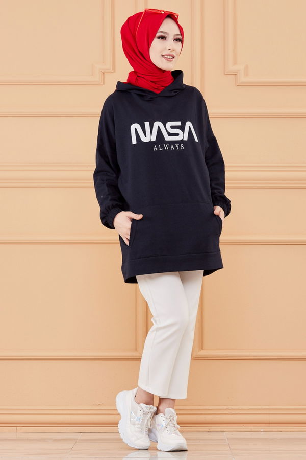 Düz Kapsonlu Yaka Kadın Lacivert KAPSONLU SWEAT - 4137
