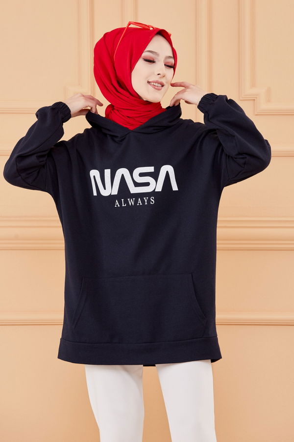 Düz Kapsonlu Yaka Kadın Lacivert KAPSONLU SWEAT - 4137