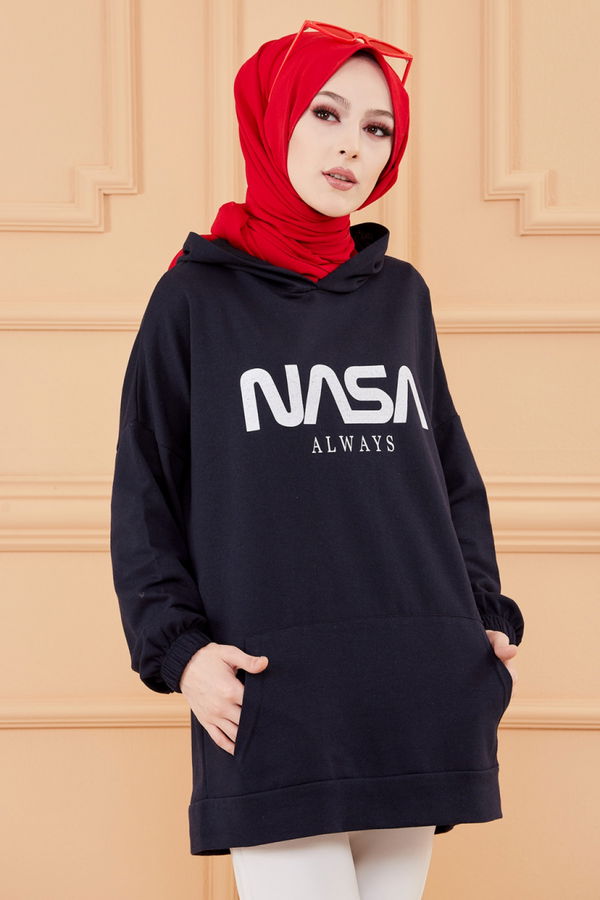 Düz Kapsonlu Yaka Kadın Lacivert KAPSONLU SWEAT - 4137