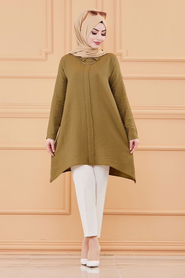 Düz Gömlek Yaka Kadın Haki TUNIK - 3256 HAKİ