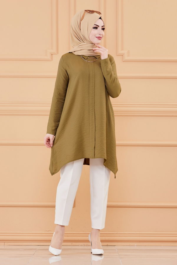 Düz Gömlek Yaka Kadın Haki TUNIK - 3256 HAKİ