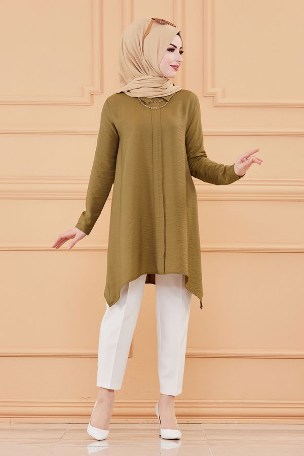Düz Gömlek Yaka Kadın Haki TUNIK - 3256 HAKİ