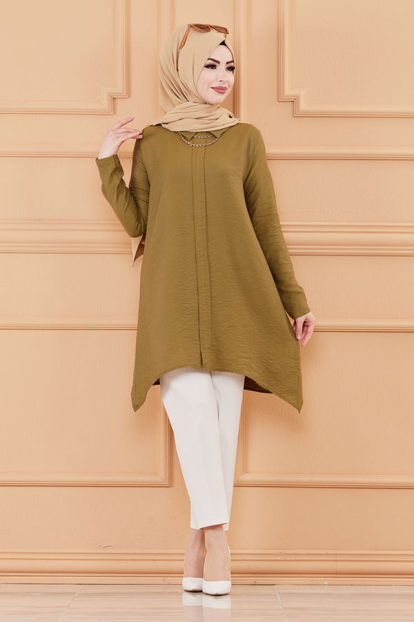 Düz Gömlek Yaka Kadın Haki TUNIK - 3256 HAKİ