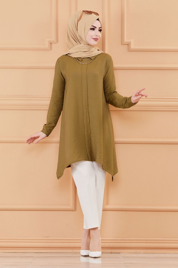 Düz Gömlek Yaka Kadın Haki TUNIK - 3256 HAKİ