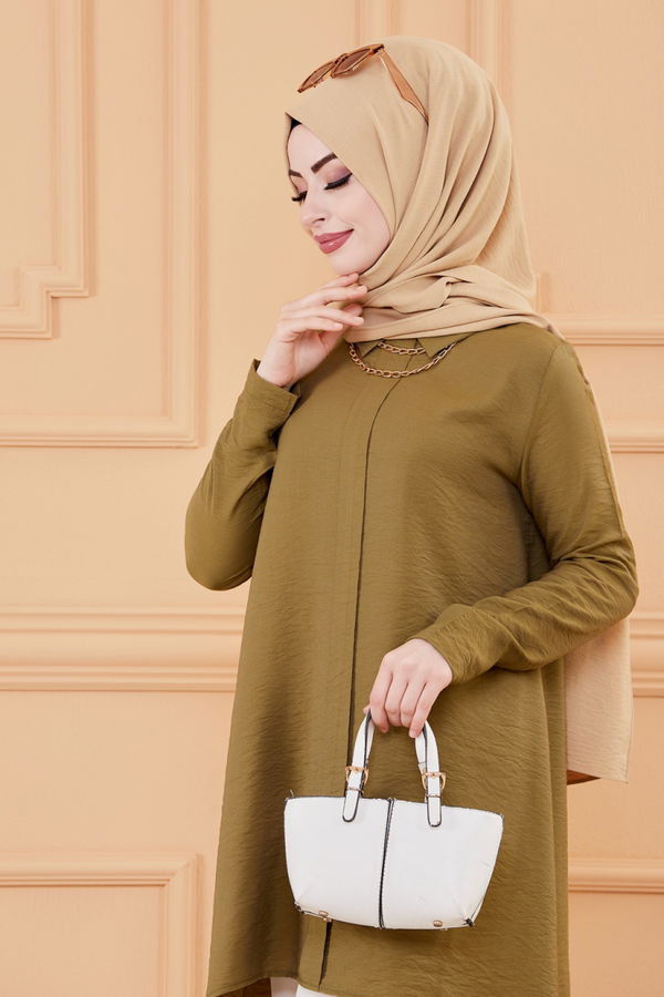 Düz Gömlek Yaka Kadın Haki TUNIK - 3256 HAKİ