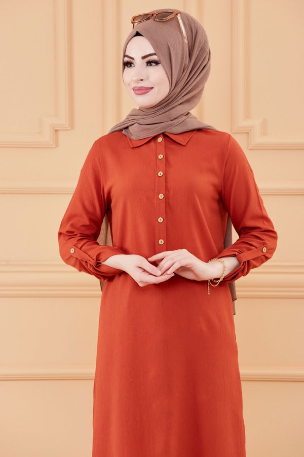 Düz Gömlek Yaka Kadın Kiremit Tunik - 3510