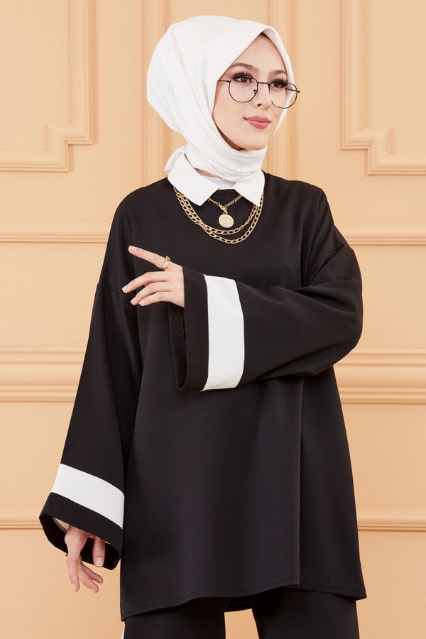 Düz Bisiklet Yaka Kadın Siyah TUNIK PANTOLON - 3545