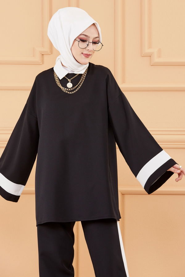 Düz Bisiklet Yaka Kadın Siyah TUNIK PANTOLON - 3545