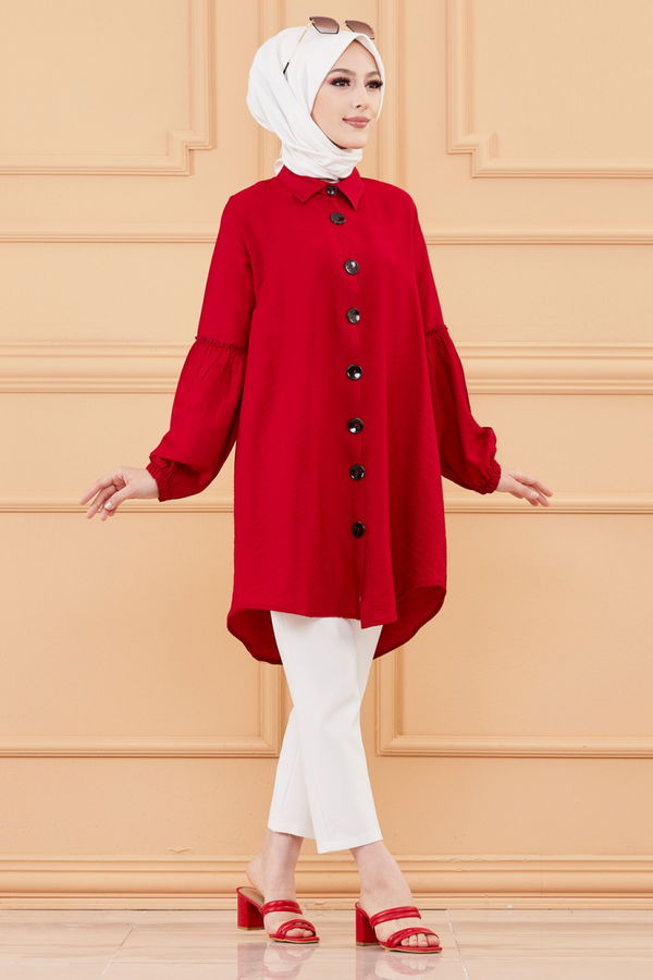 Düz Gömlek Yaka Kadın Bordo KOL BUZGULU TUNIK - 3254 BORDO