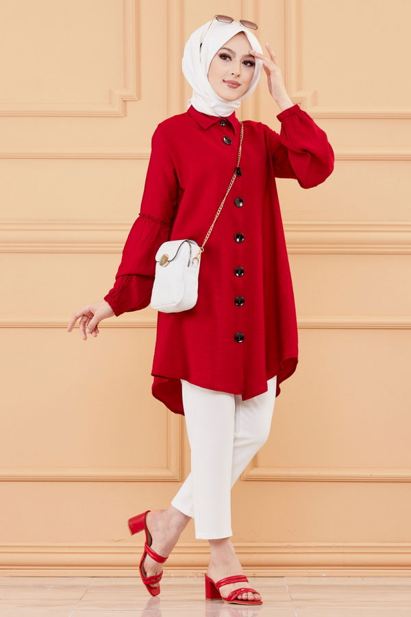 Düz Gömlek Yaka Kadın Bordo KOL BUZGULU TUNIK - 3254 BORDO
