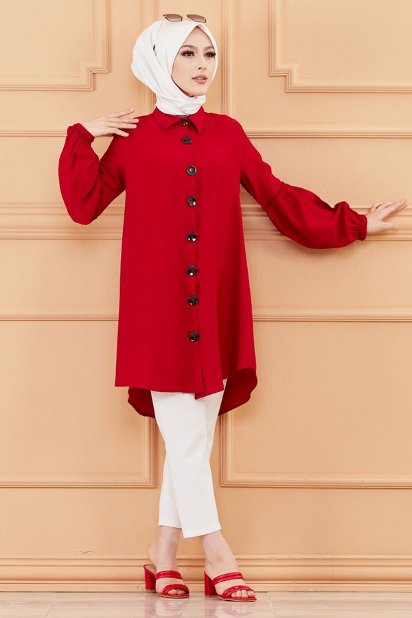 Düz Gömlek Yaka Kadın Bordo KOL BUZGULU TUNIK - 3254 BORDO
