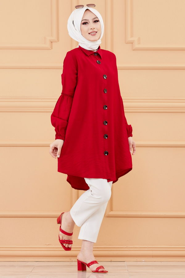 Düz Gömlek Yaka Kadın Bordo KOL BUZGULU TUNIK - 3254 BORDO