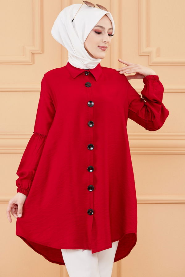 Düz Gömlek Yaka Kadın Bordo KOL BUZGULU TUNIK - 3254 BORDO