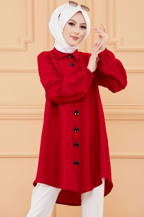 Düz Gömlek Yaka Kadın Bordo KOL BUZGULU TUNIK - 3254 BORDO