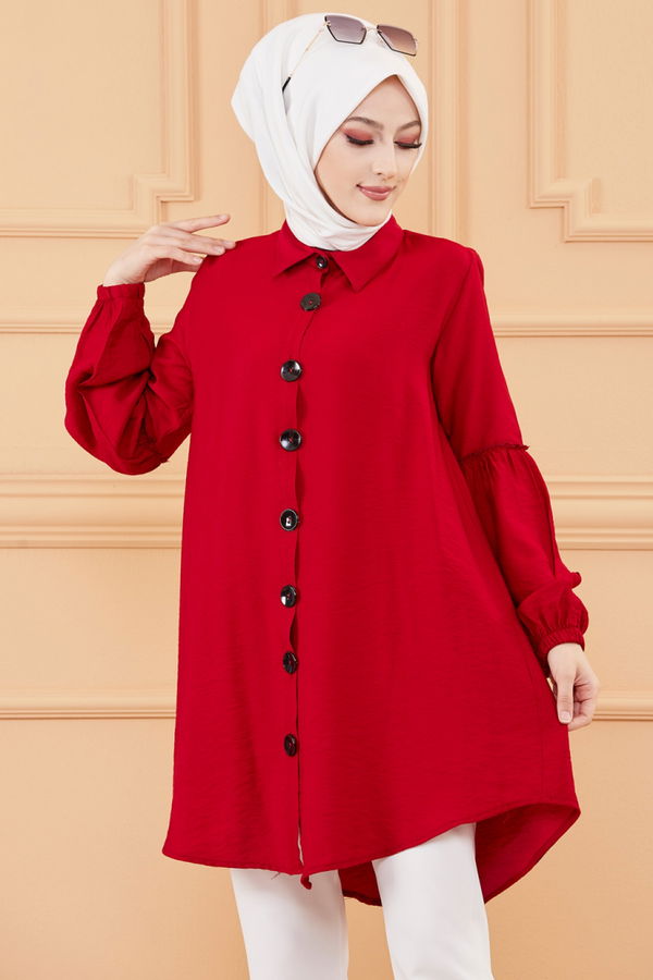 Düz Gömlek Yaka Kadın Bordo KOL BUZGULU TUNIK - 3254 BORDO