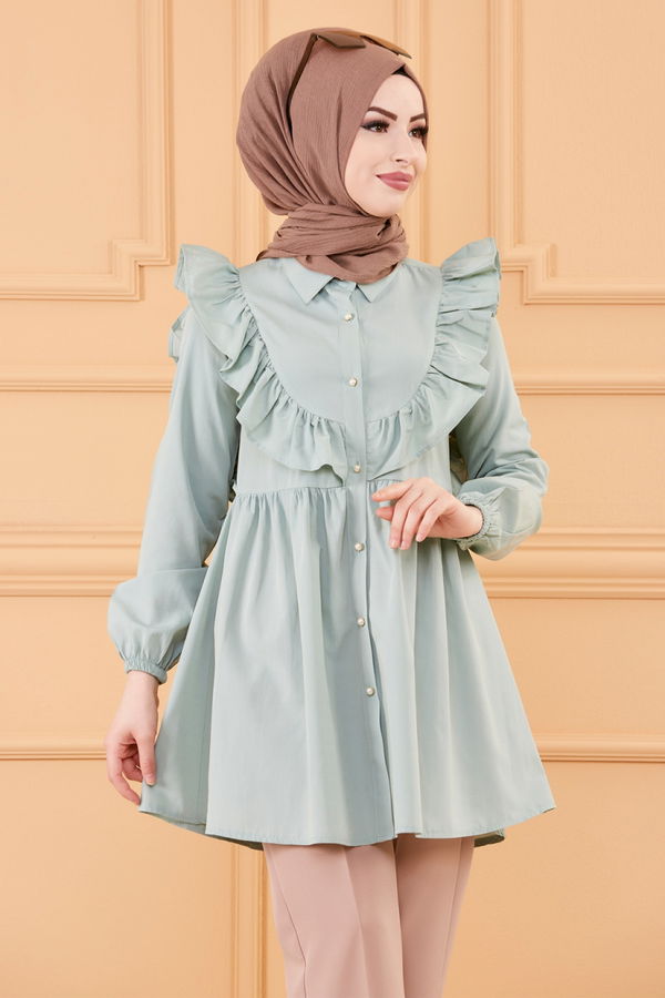 Düz Gömlek Yaka Kadın Yeşil TUNIK - 3578