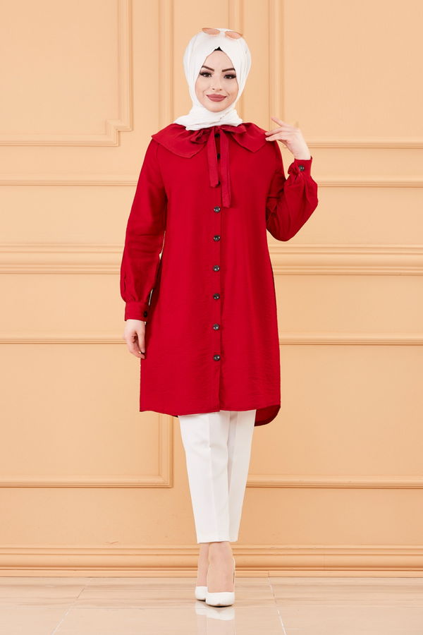Düz Hakim Yaka Kadın Bordo TUNIK - 3561