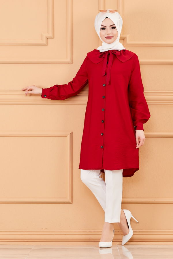 Düz Hakim Yaka Kadın Bordo TUNIK - 3561