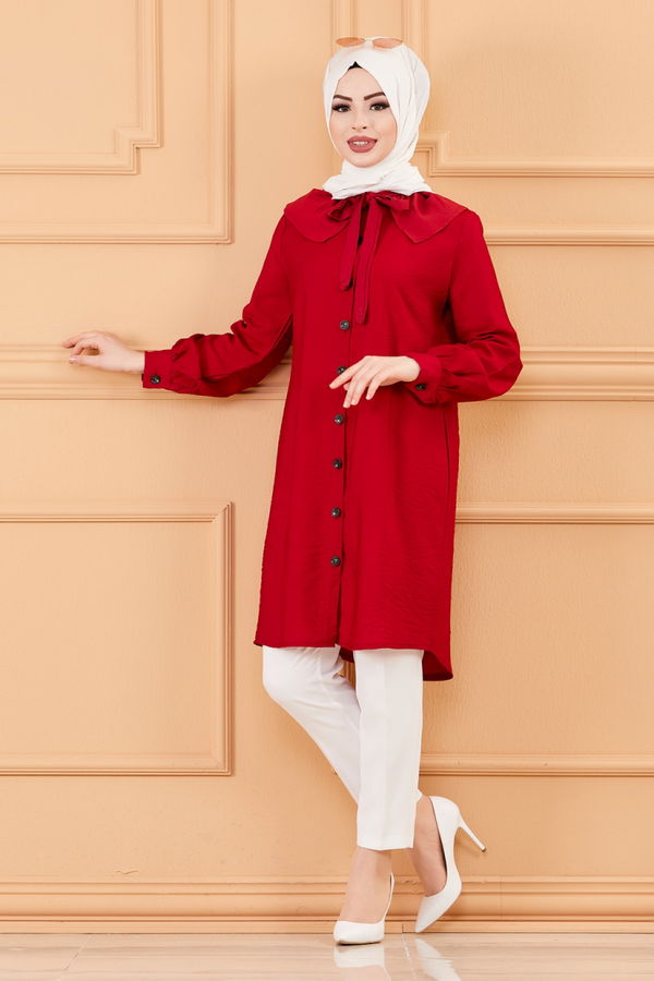 Düz Hakim Yaka Kadın Bordo TUNIK - 3561