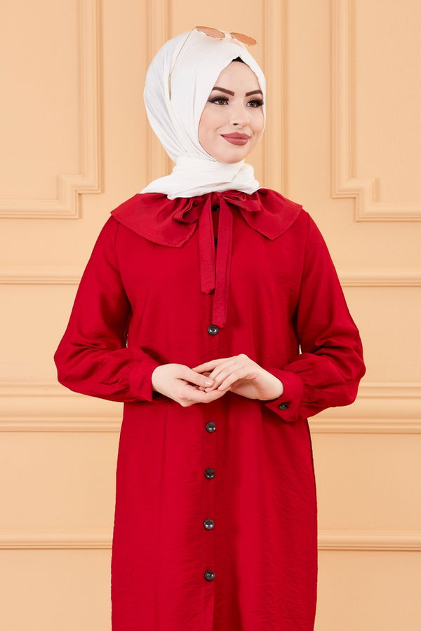 Düz Hakim Yaka Kadın Bordo TUNIK - 3561