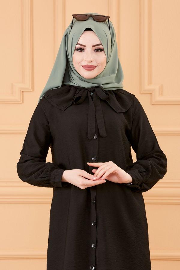 Düz Hakim Yaka Kadın Siyah TUNIK - 3561