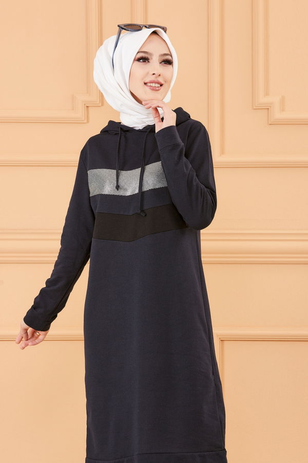 Düz Kapsonlu Yaka Kadın Lacivert TUNIK - 3529