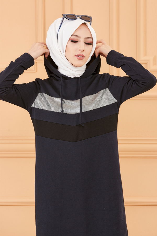 Düz Kapsonlu Yaka Kadın Lacivert TUNIK - 3529