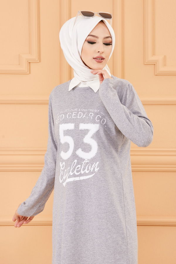 Düz Bisiklet Yaka Kadın Gri TUNIK - 3609 GRİ