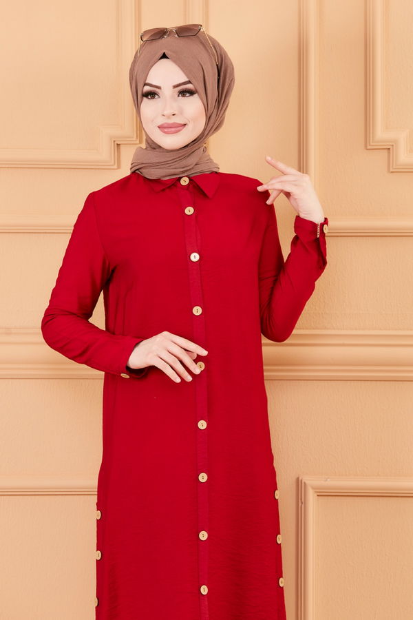 Düz Gömlek Yaka Kadın Bordo TUNIK - 3253 BORDO