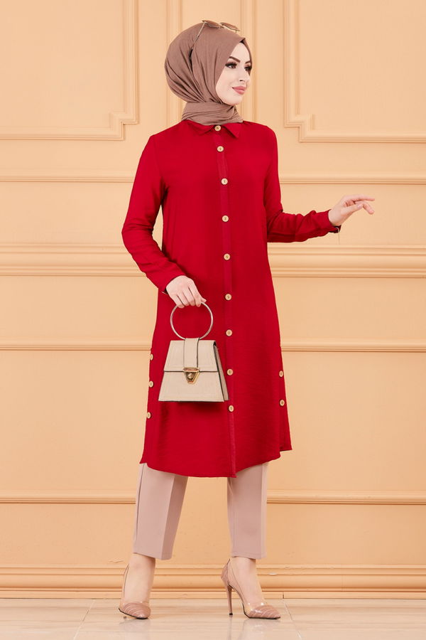 Düz Gömlek Yaka Kadın Bordo TUNIK - 3253 BORDO