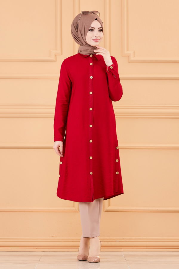 Düz Gömlek Yaka Kadın Bordo TUNIK - 3253 BORDO
