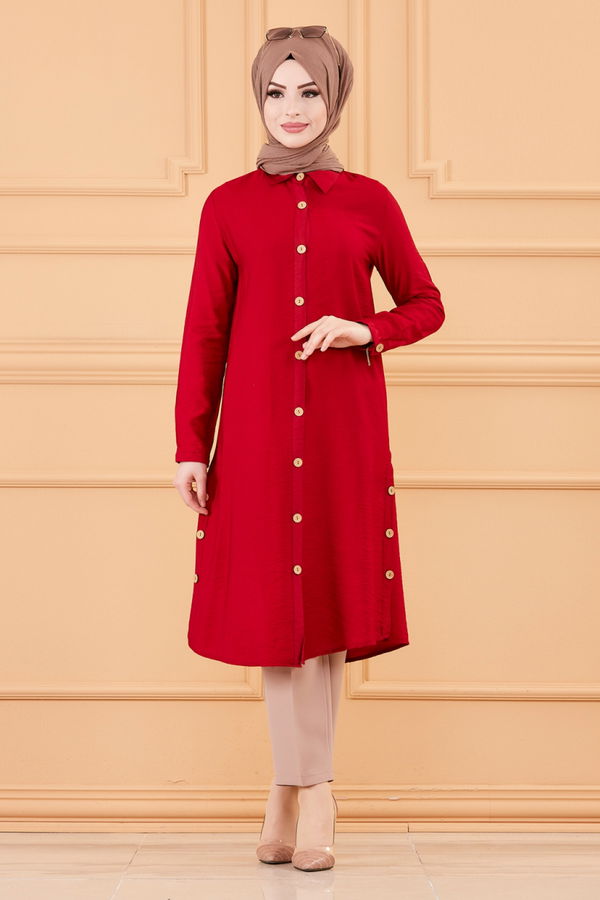 Düz Gömlek Yaka Kadın Bordo TUNIK - 3253 BORDO