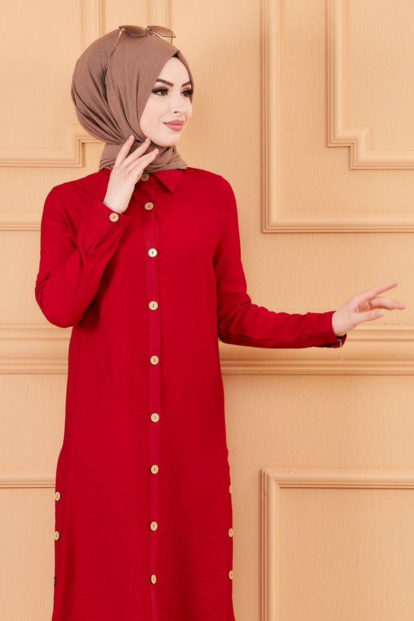 Düz Gömlek Yaka Kadın Bordo TUNIK - 3253 BORDO
