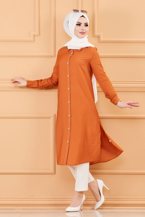 Düz Gömlek Yaka Kadın Taba TUNIK - 3253 TABA