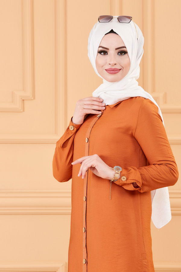 Düz Gömlek Yaka Kadın Taba TUNIK - 3253 TABA