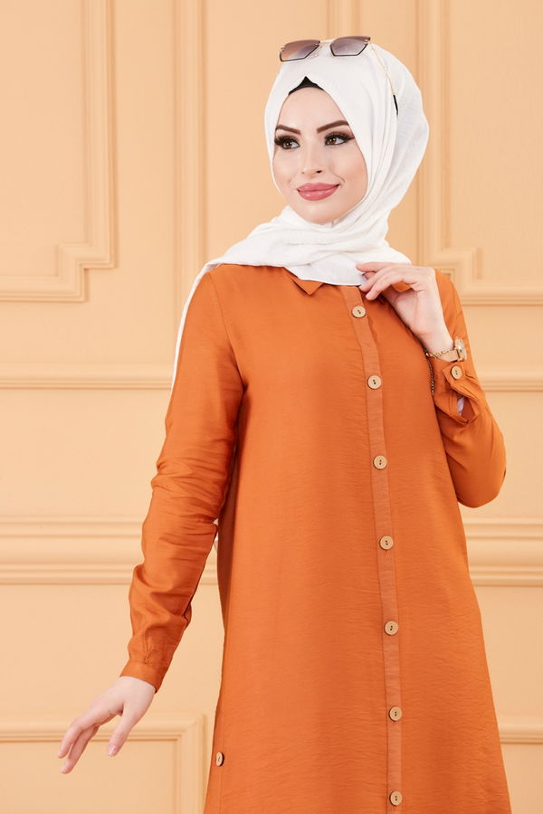 Düz Gömlek Yaka Kadın Taba TUNIK - 3253 TABA