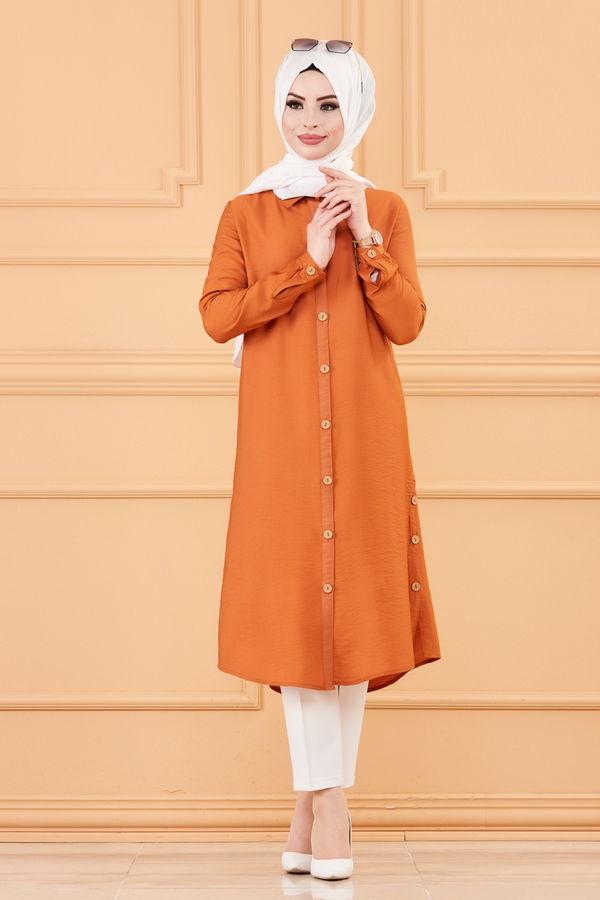 Düz Gömlek Yaka Kadın Taba TUNIK - 3253 TABA