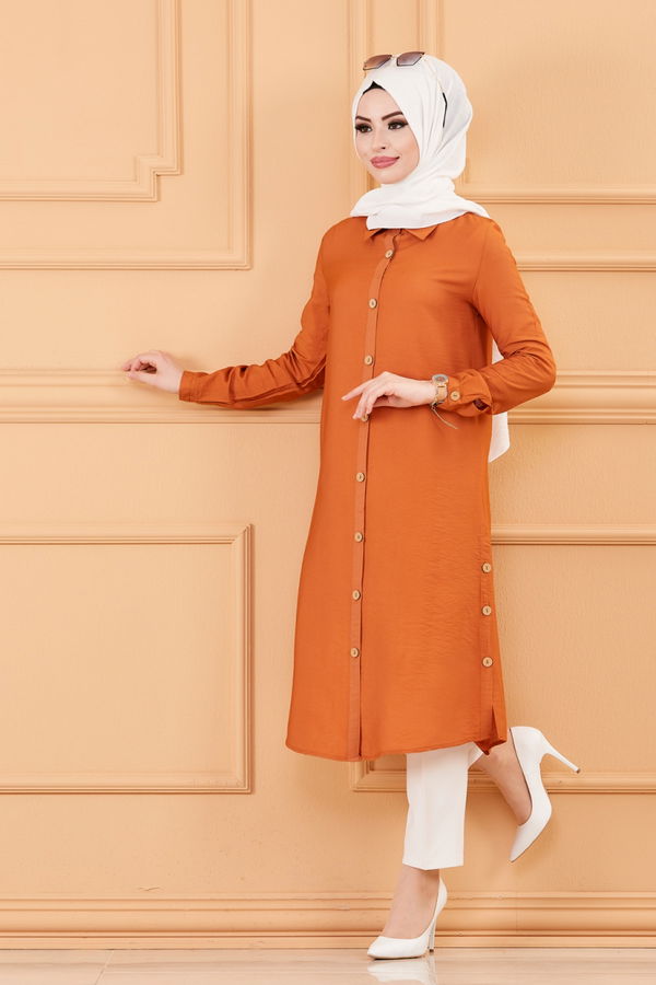 Düz Gömlek Yaka Kadın Taba TUNIK - 3253 TABA