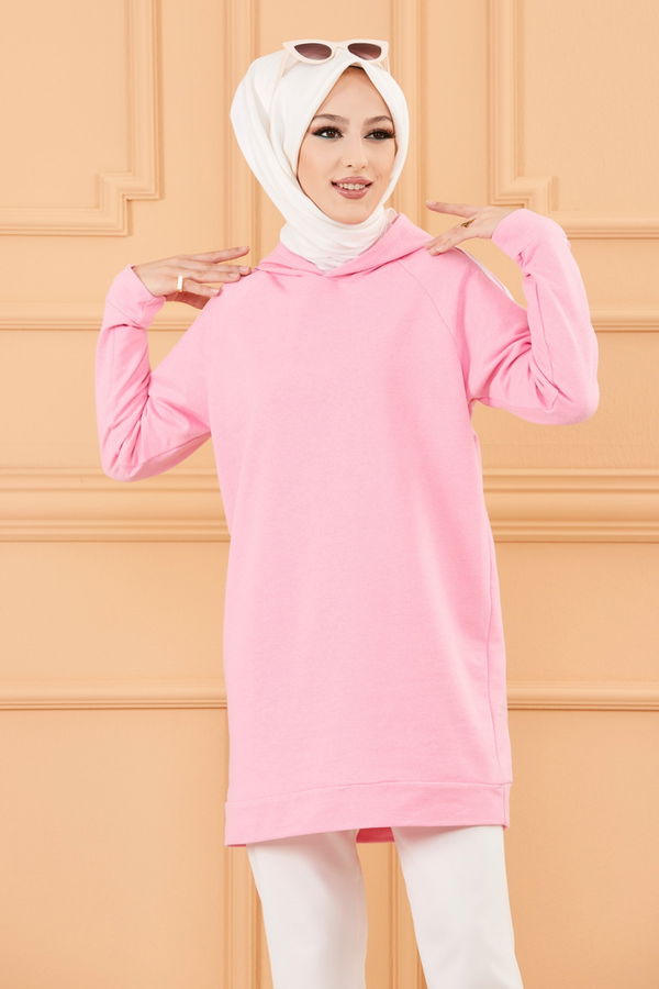 Düz Kapşonlu Yaka Kadın Pembe KOL SERITLI TUNIK - 2828 PEMBE