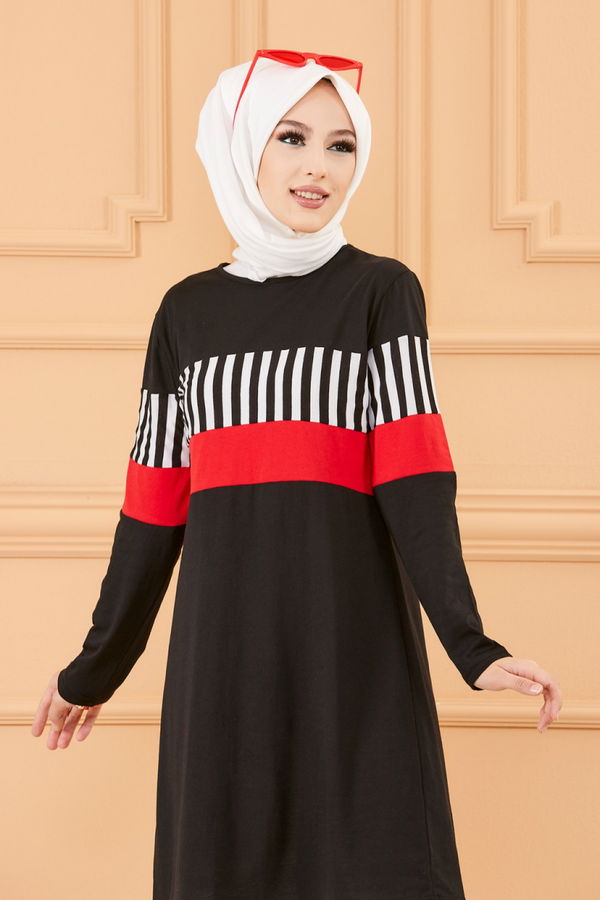 Düz Bisiklet Yaka Kadın Siyah TUNIK - 3591