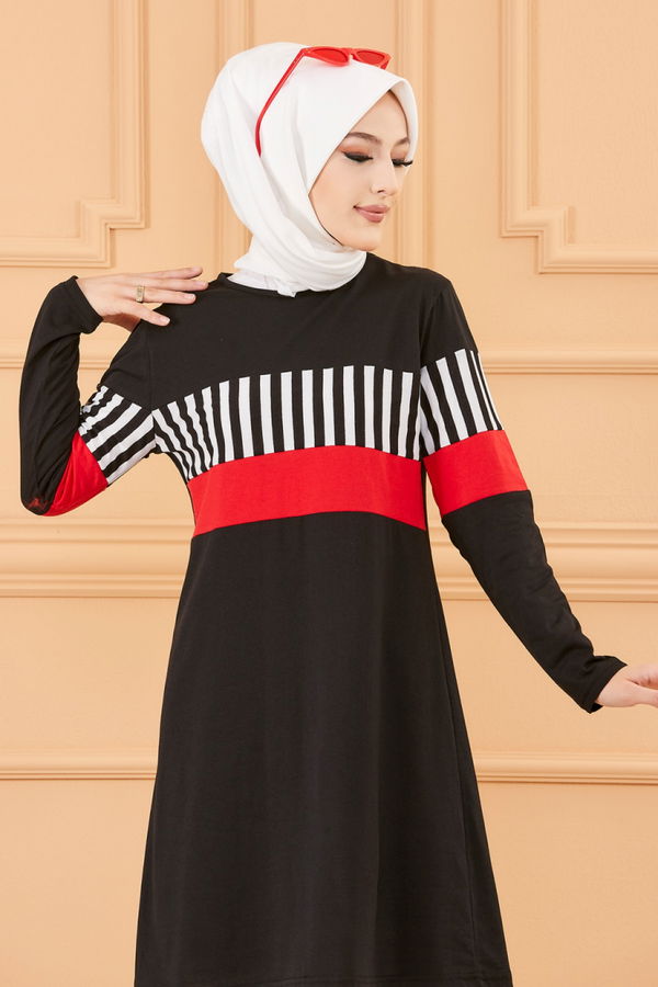 Düz Bisiklet Yaka Kadın Siyah TUNIK - 3591
